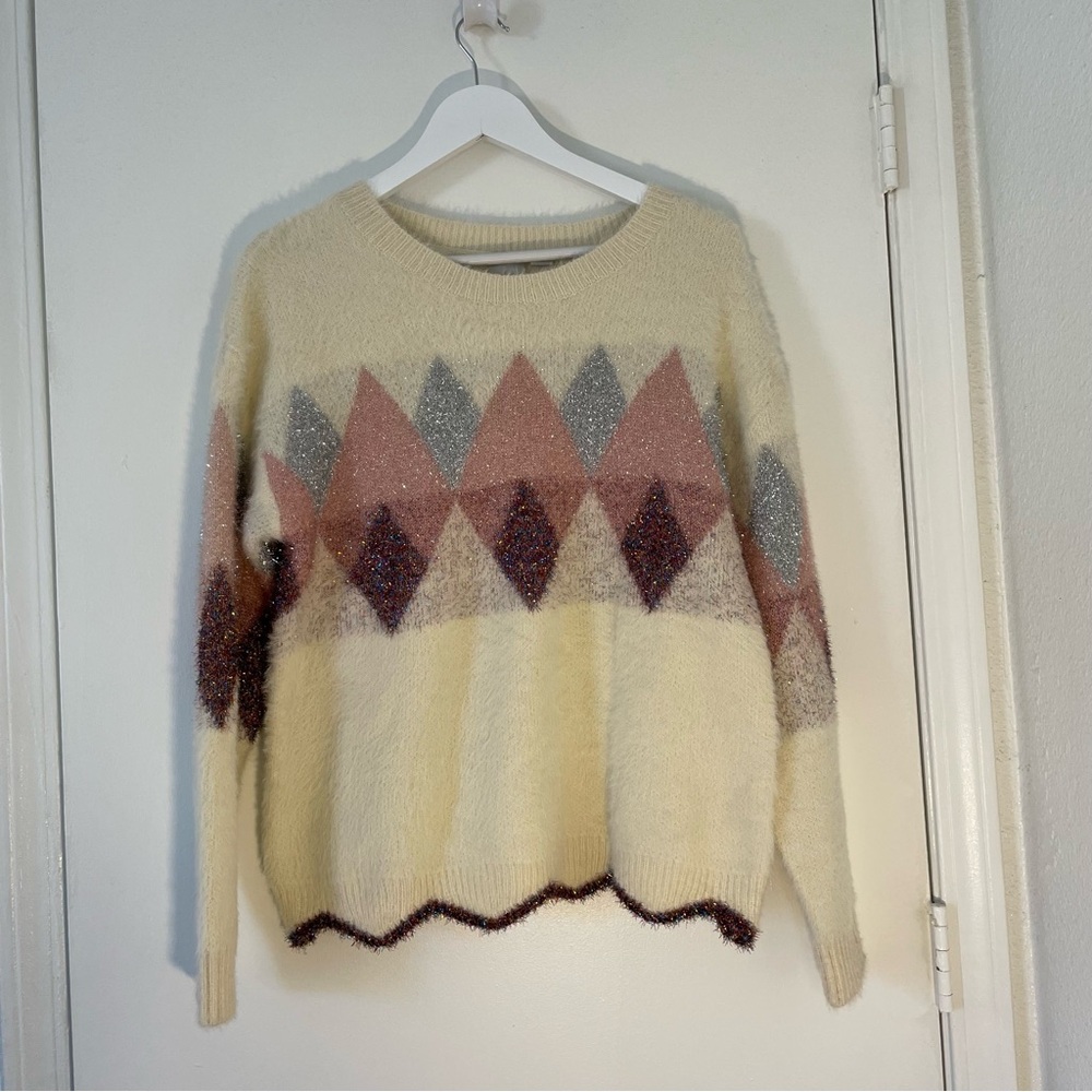 Zero Degrees Celsius Argyle Tinsel Fuzzy Sweater M Metallic Pastel Sparkly Knit
